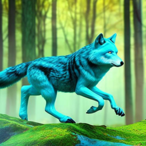 mia my grey wolf theriotype running in the woods - created by Patricia Wagstaff with paint