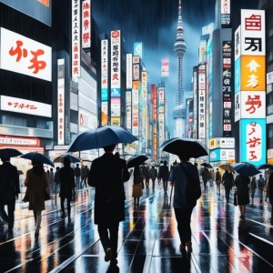 People walking down a street in the rain  sumo work created by 