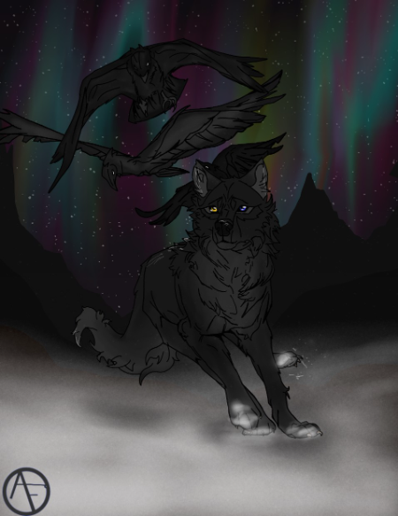 Timber wolf running with ravens in Alaska - created by Commander Phoenix with paint